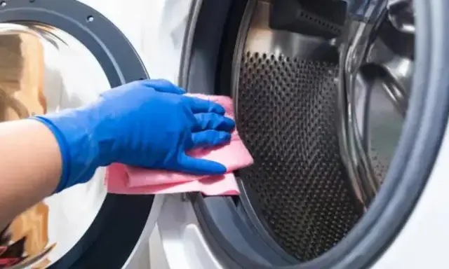 Mano con guante azul limpiando la goma de la lavadora con un paño rosa.
