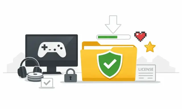 Bezpieczne pobieranie darmowych gier na PC. Monitor z padem, słuchawki, dyski, folder z licencją i zieloną tarczą.