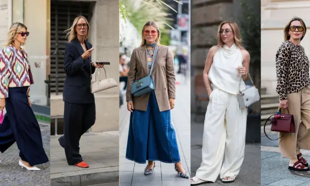Pięć kobiet prezentuje modne spodnie slouchy stylizacje: od eleganckich garniturów po luźne, szerokie nogawki.
