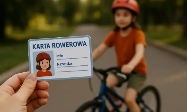 Karta rowerowa czeka na młodego cyklistę. Dziecko w kasku pedałuje, gotowe na egzamin na kartę rowerową.
