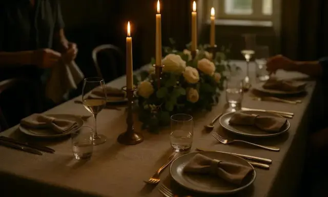Un dîner aux chandelles, un bouquet floral et des couverts dorés évoquent l'art de la table à la française.
