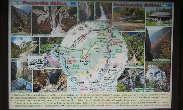 Mapa Kvačianskej doliny s vyznačenými trasami, vodopádmi a mlynmi. Zobrazuje národnú prírodnú rezerváciu.