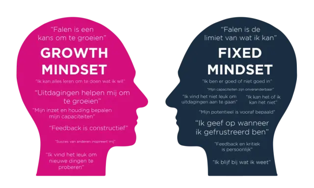 Twee profielen, één met 'Growth Mindset' en positieve quotes, de ander met 'Fixed Mindset' en beperkende overtuigingen.