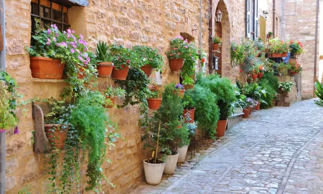 Un vicolo fiorito in Umbria, perfetto per scoprire cosa vedere in Umbria in 4 giorni.