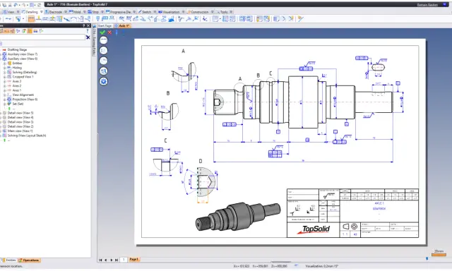 Disegno tecnico di un albero motore con quote e tolleranze, realizzato lavorando con Autocad.
