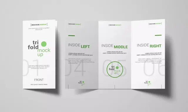 Un folleto triptico ejemplo con diseño limpio. Muestra la portada y las páginas interiores de un folleto plegado en tres.
