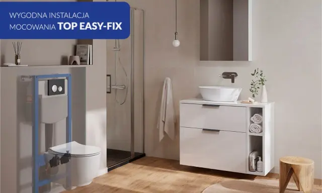 Montaż miski WC z ukrytym mocowaniem TOP EASY-FIX. Nowoczesna łazienka z prysznicem i umywalką.