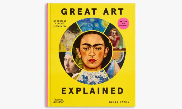 Book cover "Great Art Explained" featuring Frida Kahlo's portrait and other artworks, a vibrant piece of textual art.