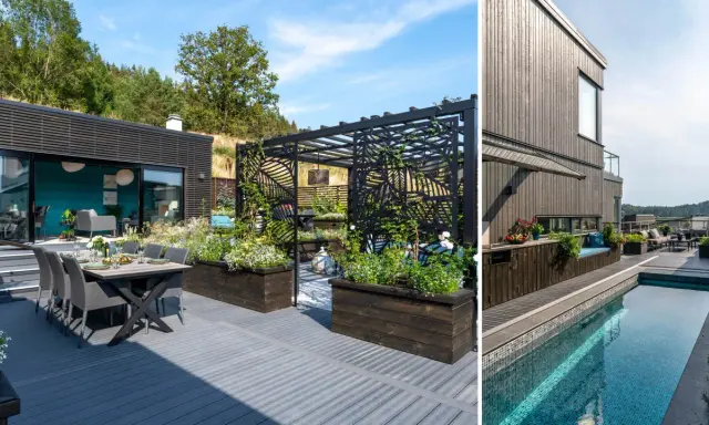 Modern villa med pool i sluttning. Uteplats med matbord och loungegrupp. Pergola med blommor.