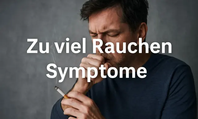Mann hustet mit Zigarette in der Hand. Text: Zu viel Rauchen Symptome.