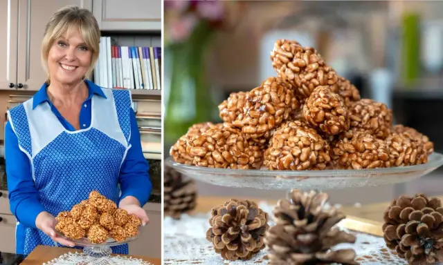 Uśmiechnięta kobieta w fartuchu prezentuje talerz z chrupiącymi szyszkami z ryżu preparowanego. Obok leżą prawdziwe szyszki.
