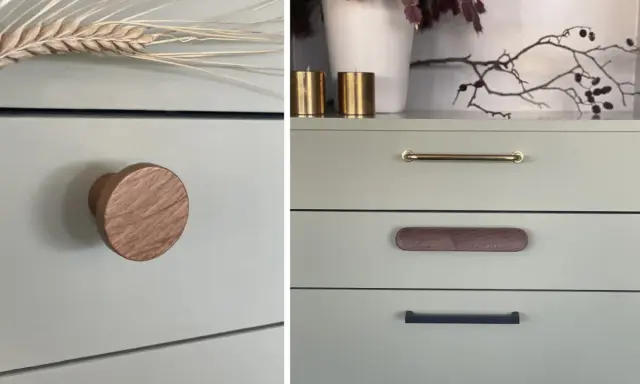 Detaljer från en ommålad byrå i ljusgrönt. En rund träknopp till vänster, och tre olika handtag på lådorna till höger.