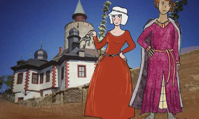 Eine Frau mit Schlüsselbund und ein Mann in mittelalterlicher Kleidung vor einer Burg.