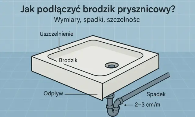 Ilustracja pokazuje podłączenie brodzika do odpływu, z zaznaczonym spadkiem 2-3 cm/m dla prawidłowego odprowadzania wody.