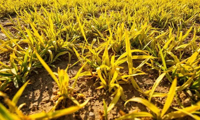 Champ de jeunes pousses jaunies par le soleil. Que faire pour sauver cette pelouse jaune ?