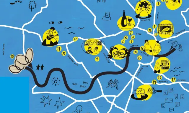 Map highlighting gay friendly places to live in London, with icons representing music, art, food, and community.