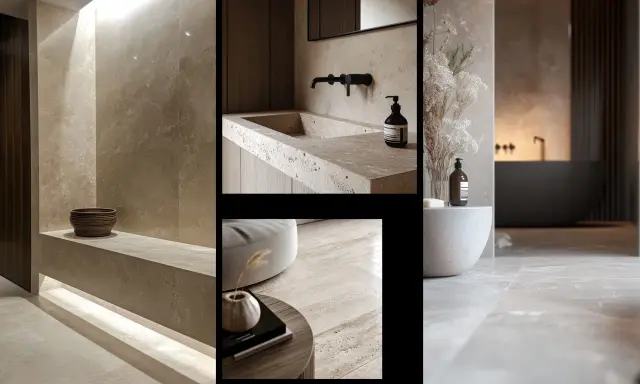 Bagno in travertino moderno con lavabo integrato, rubinetteria nera e dettagli in legno. L'ambiente è elegante e rilassante.