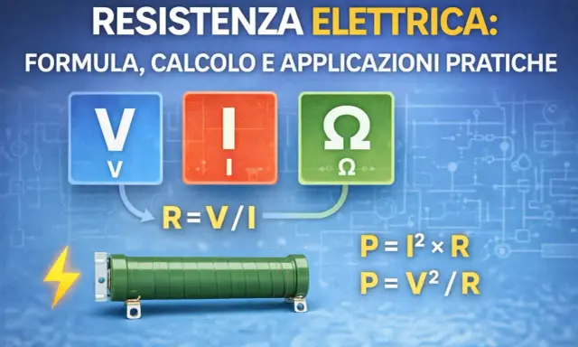 La **resistenza fisica formula** è spiegata con simboli V, I, Ω e formule R=V/I, P=I²×R, P=V²/R.