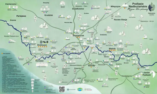 Mapa turystyczna Podlasie Nadbużańskie z zaznaczonymi atrakcjami, trasami i miejscowościami.