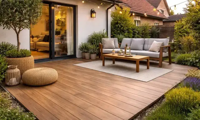 Un suelo exterior de madera sobre cemento transforma un patio en un oasis acogedor. Sofá, mesa y luces crean un ambiente perfecto.