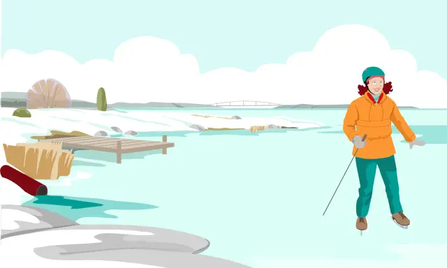 En kvinna åker skridskor på en frusen sjö. Hon bär en orange jacka och en grön hjälm. Frågan är hur tjock ska isen vara för att vara säker.