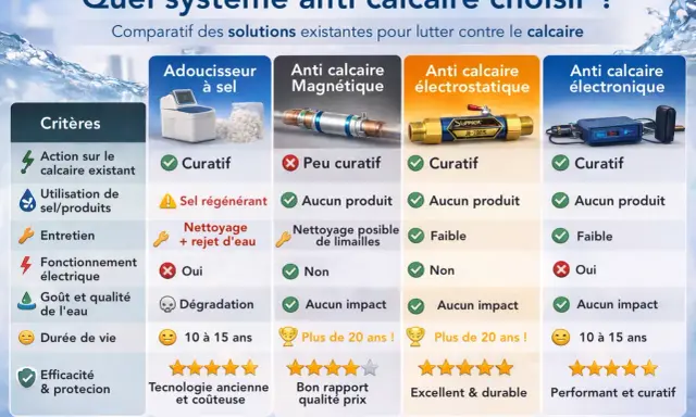 Comparatif des systèmes anti-calcaire. L'adoucisseur à sel, bien qu'efficace, pose un problème d'eau salée et de rejet. Les autres options sont plus écologiques.