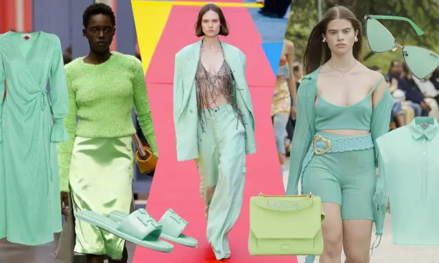 Moda in verde menta: abiti, maglioni, pantaloni, borse e occhiali da sole.