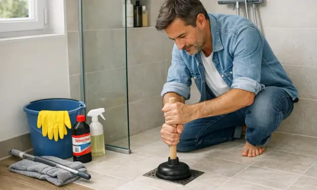Un homme utilise une ventouse pour déboucher une douche. Des produits de nettoyage et des gants sont à proximité.