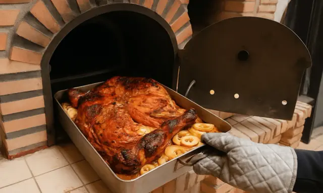 Pollo dorado y jugoso, listo para ser servido, recién sacado de los asados en horno de leña.