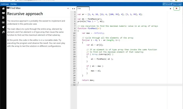 Kod JavaScript do znajdowania wartości **math max** w zagnieżdżonych tablicach.
