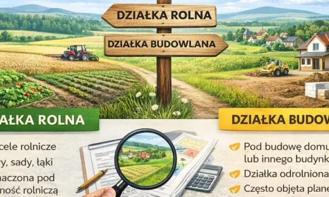Rozróżnienie działki rolnej i budowlanej: jedna pod uprawy, druga pod budowę domu. Co to znaczy? Obrazek wyjaśnia.