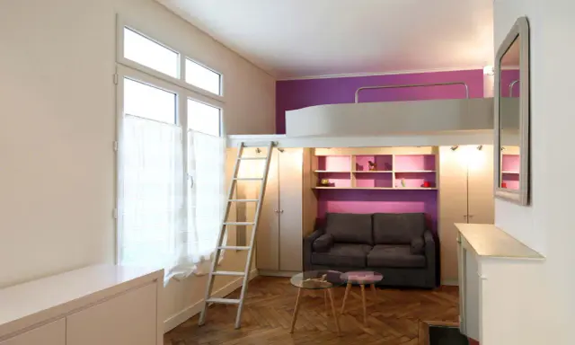 Aménagement petit studio optimisé avec lit mezzanine, canapé confortable et rangements intégrés. Un espace de vie fonctionnel et stylé.