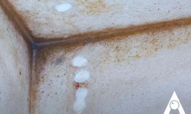 Angoli di un muro con evidenti macchie e aloni, segni di diversi tipi di muffa sui muri.