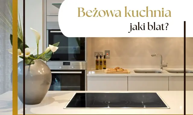 Nowoczesna, beżowa kuchnia z białym blatem, na którym znajduje się płyta indukcyjna i wazon z kaliami.