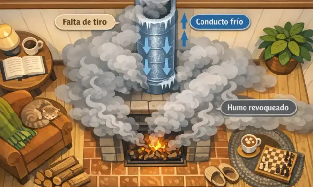 Ilustración de una chimenea que hace humo, con un gato dormido y leña. Muestra cómo arreglar una chimenea que hace humo por falta de tiro.