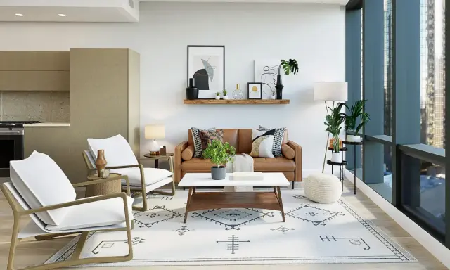 Sofá de cuero, sillones blancos y alfombra geométrica iluminan salón sin lámpara de techo. Lámpara de pie y luz de mesa crean ambiente acogedor.