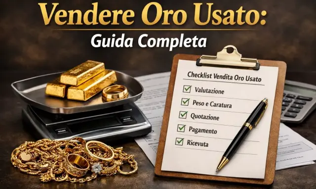 Lingotti d'oro 750, gioielli e una bilancia, con una checklist per la vendita di oro usato.