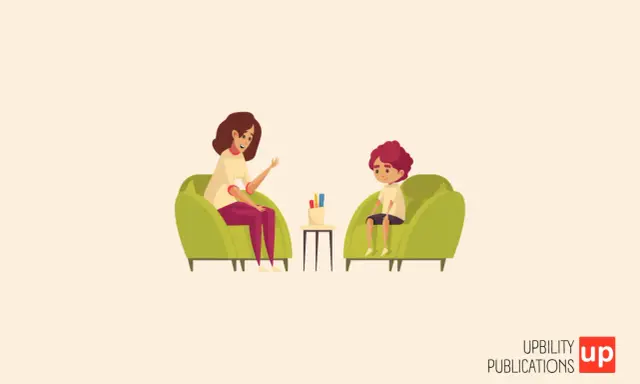 Un bambino parla con una psicologa, un'illustrazione che ricorda un fac simile relazione psicologica bambino.