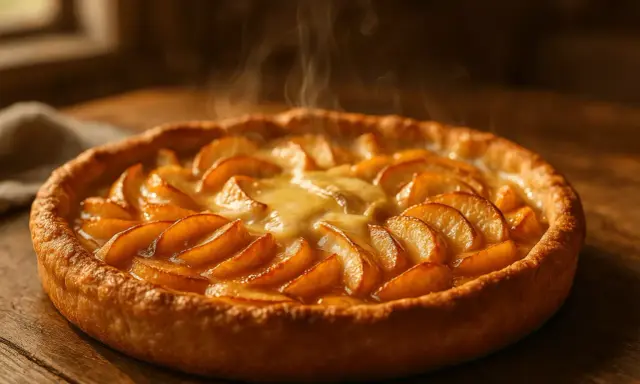 Une délicieuse tarte normande aux pommes, encore fumante, avec sa croûte dorée et ses pommes caramélisées. Un délice !
