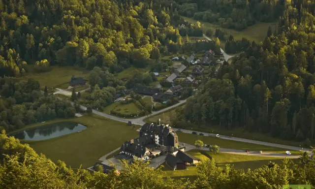 Widok z góry na osadę w lesie, przypominającą legendarną **Wilczą Górę**. Domy i hotel otoczone zielenią, z małym stawem.