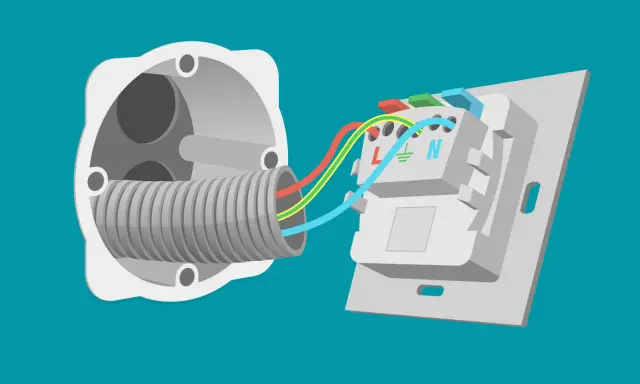 Schéma illustrant comment changer prise électrique : fils colorés connectés à un nouveau mécanisme.