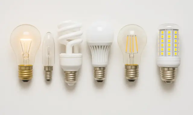 Six ampoules, dont une incandescente allumée, une bougie, une fluocompacte, une LED blanche, une LED filament et une LED maïs. La plupart sont non dimmable, signification : elles ne peuvent pas être variées.