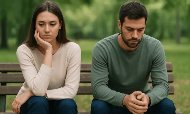 Pareja sentada en un banco, con miradas perdidas. El futuro de su compromiso se siente incierto.