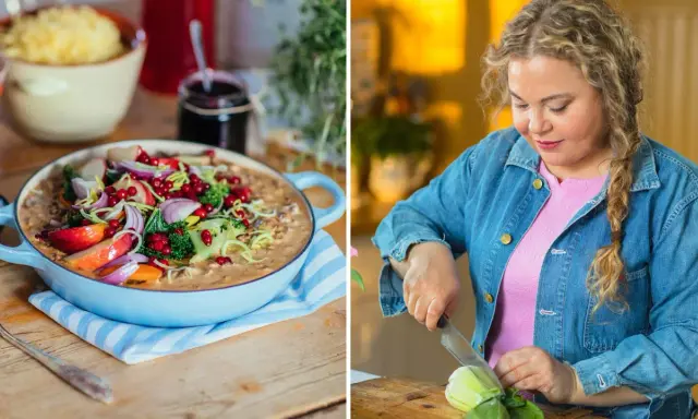 Susanne Jonsson recept: en matig gryta med grönsaker och bär, och en kvinna som förbereder mat.