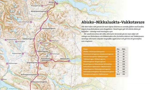 Karta över Kungsleden i Sverige, visar vandringsleden Abisko-Nikkaluokta-Vakkotavare med stugor och avstånd.