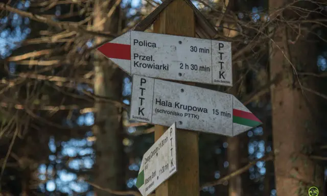 Drewniany słup z drogowskazami PTTK w lesie. Wskazuje polica szlaki do Przeł. Krowiarki (30 min) i Hali Krupowej (15 min).