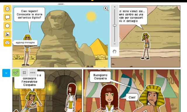 Creare un fumetto sull'antico Egitto con la Sfinge, piramidi e Cleopatra.