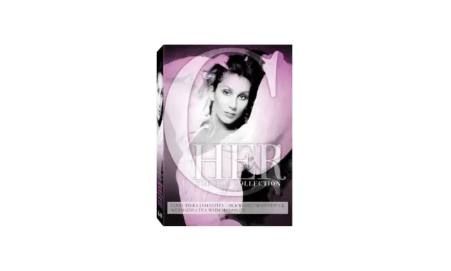 DVD-omslag för "HER The Film Collection" med Cher. Samlingen innehåller filmer som "Good Times" och "Moonstruck".