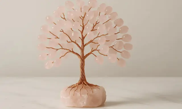 Albero decorativo con tronco e rami in filo di rame, foglie di quarzo rosa. Il quarzo rosa significato esoterico è legato all'amore e alla serenità.