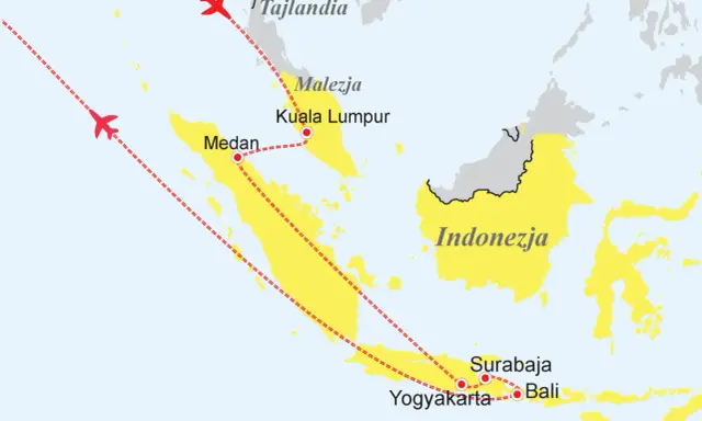 Mapa pokazuje, gdzie leży Malezja, między Tajlandią a Indonezją. Zaznaczono loty do Kuala Lumpur i Medanu.